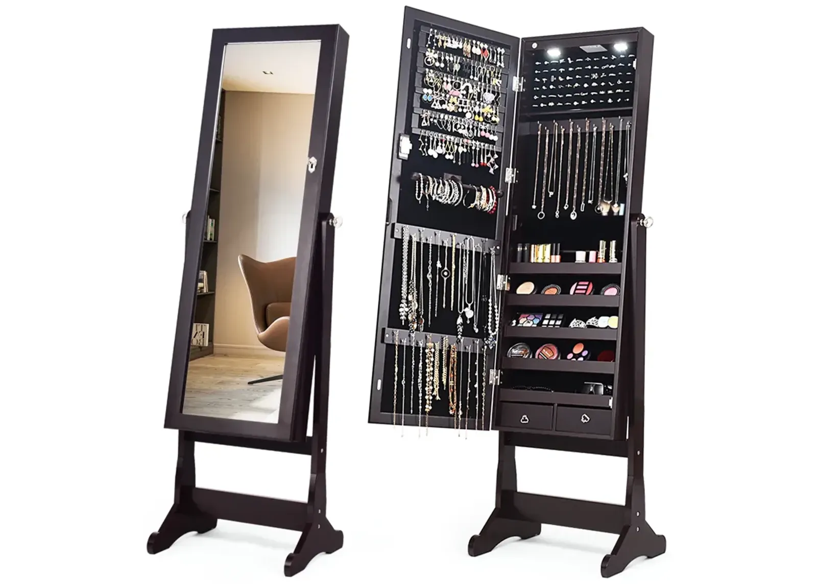 Lockable Mirrored Jewelry Cabinet with Stand and Led Lights