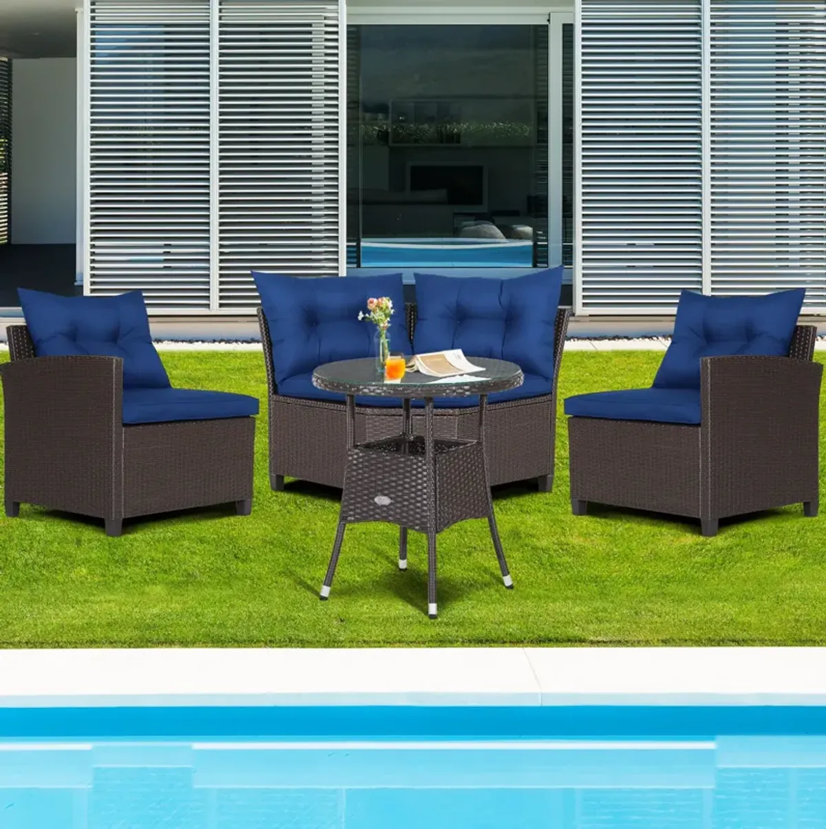 4 Pieces Patio Rattan Furniture Set Cushioned Sofa Glass Table