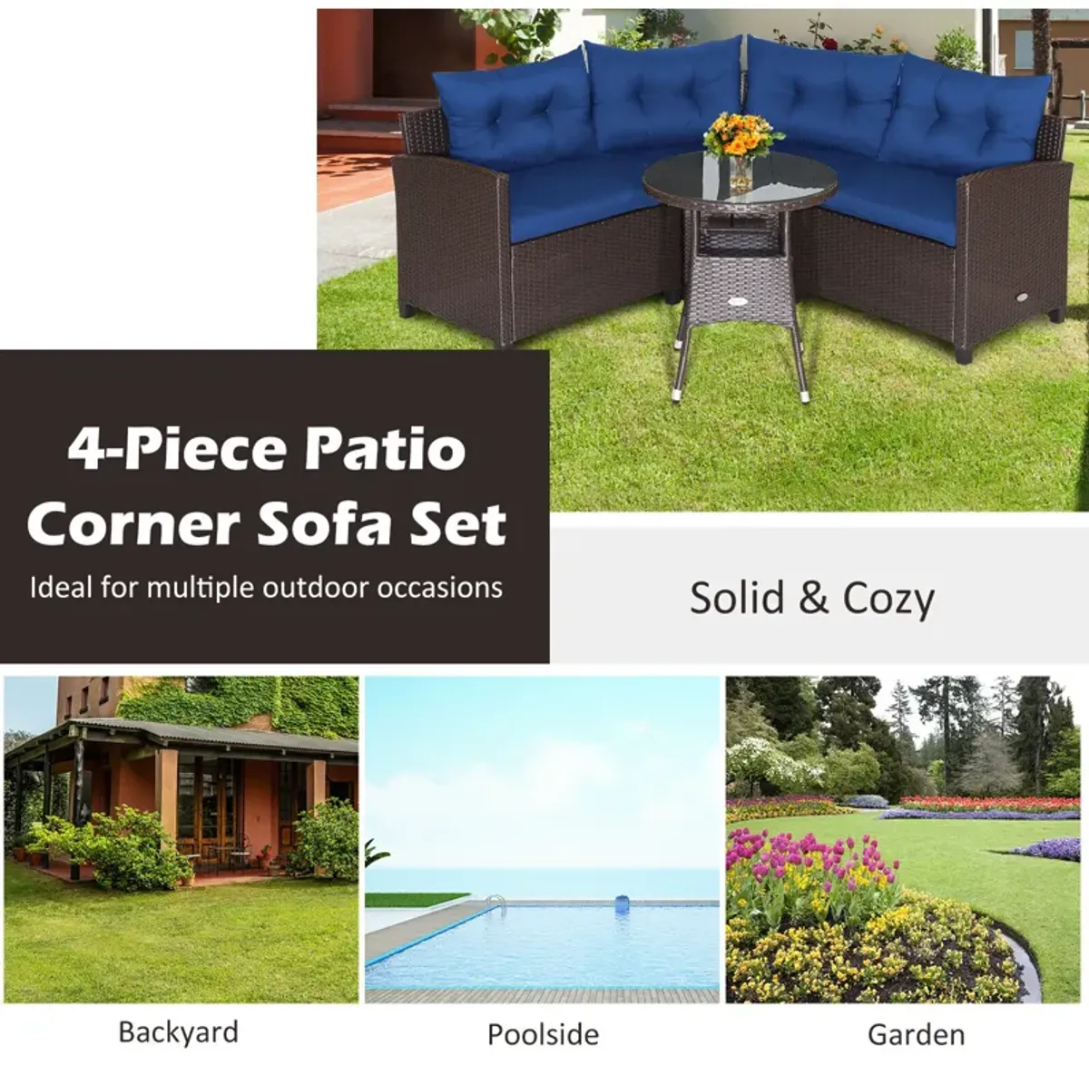 4 Pieces Patio Rattan Furniture Set Cushioned Sofa Glass Table