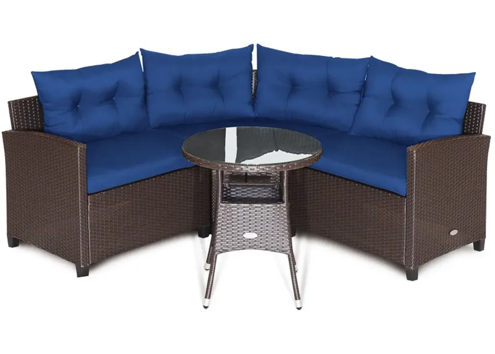 4 Pieces Patio Rattan Furniture Set Cushioned Sofa Glass Table