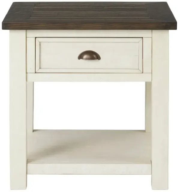Fiya 24 Inch Coastal End Table, Drawer, Shelf, Miter Cut Top, Brown, White-Benzara