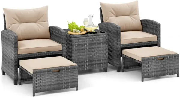 5 Piece Patio Rattan Furniture with 2 Ottomans and Tempered Glass Coffee Table