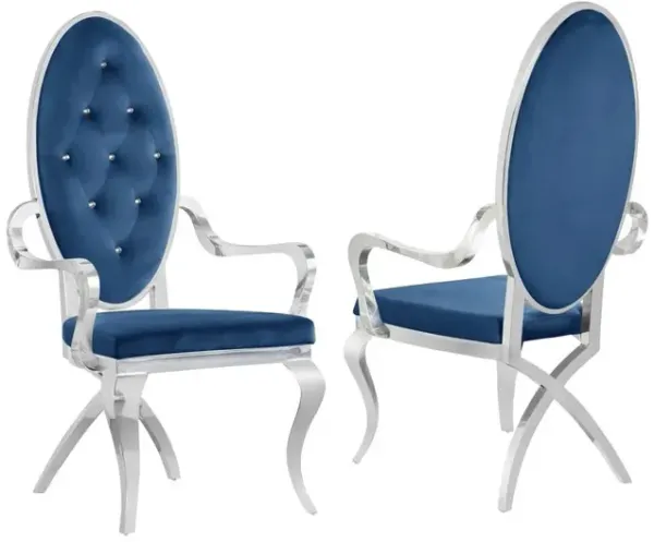 Best Quality Furniture Navy Blue Velvet Tufted Arm Dining Chairs, Stainless Steel Legs - Set Of 2