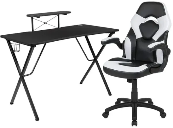 Flash Furniture Black Gaming Desk and White/Black Racing Chair Set with Cup Holder, Headphone Hook, and Monitor/Smartphone Stand