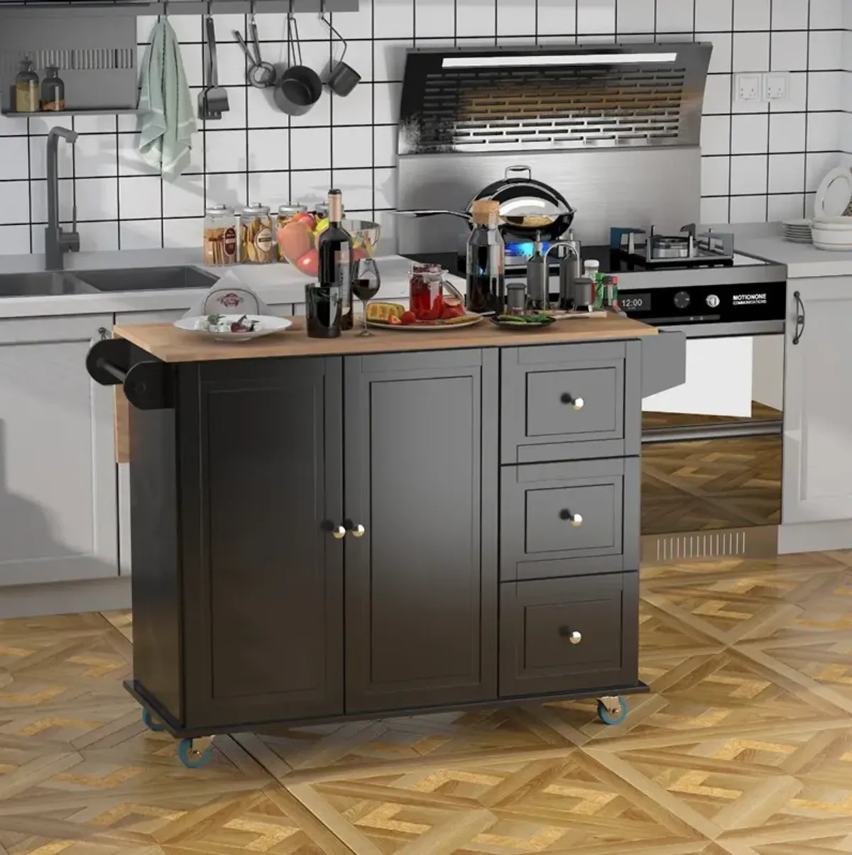 Black Culinary Aid: Kitchen Island Cart with Versatile Storage