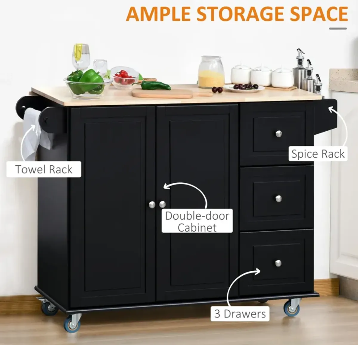 Black Culinary Aid: Kitchen Island Cart with Versatile Storage