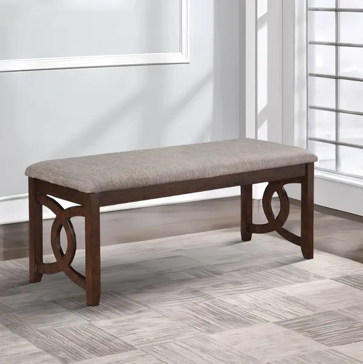 Gary 46 Inch Wood Bench with Fabric Seat, Cherry Brown-Benzara