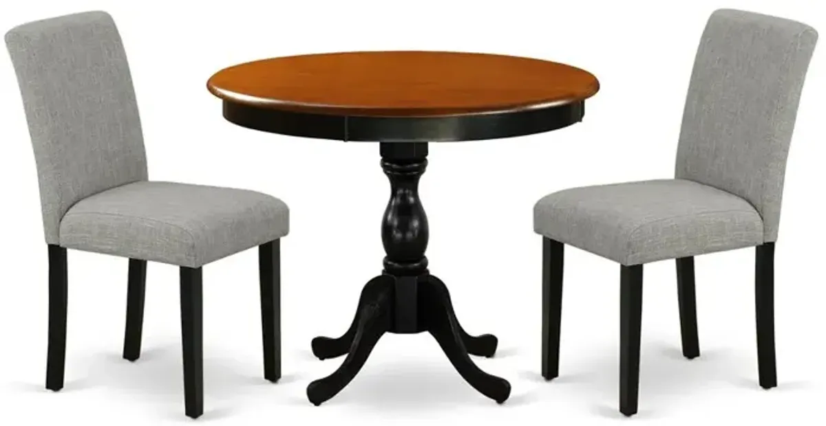 East West Furniture 3-Pc Dinning Room Set Contains a Round Dining Room Table and 2 Shitake Linen Fabric Dinner Chairs with High Back - Black Finish