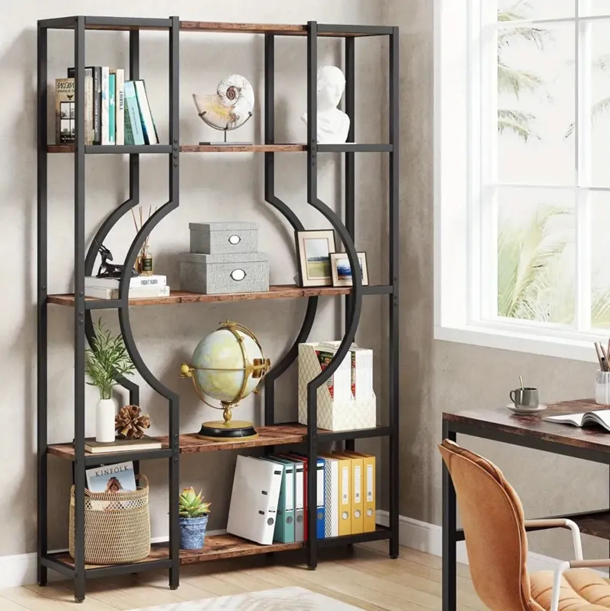 StorageShelves, 5-Tier Bookshelf and Bookcase, Vintage Tall Bookcase with 12 Open Display Shelves, Wooden Book Shelving Unit with Metal Frame for Home Office, Living Room, Bedroom, Ladder Racks, Storage and Organization