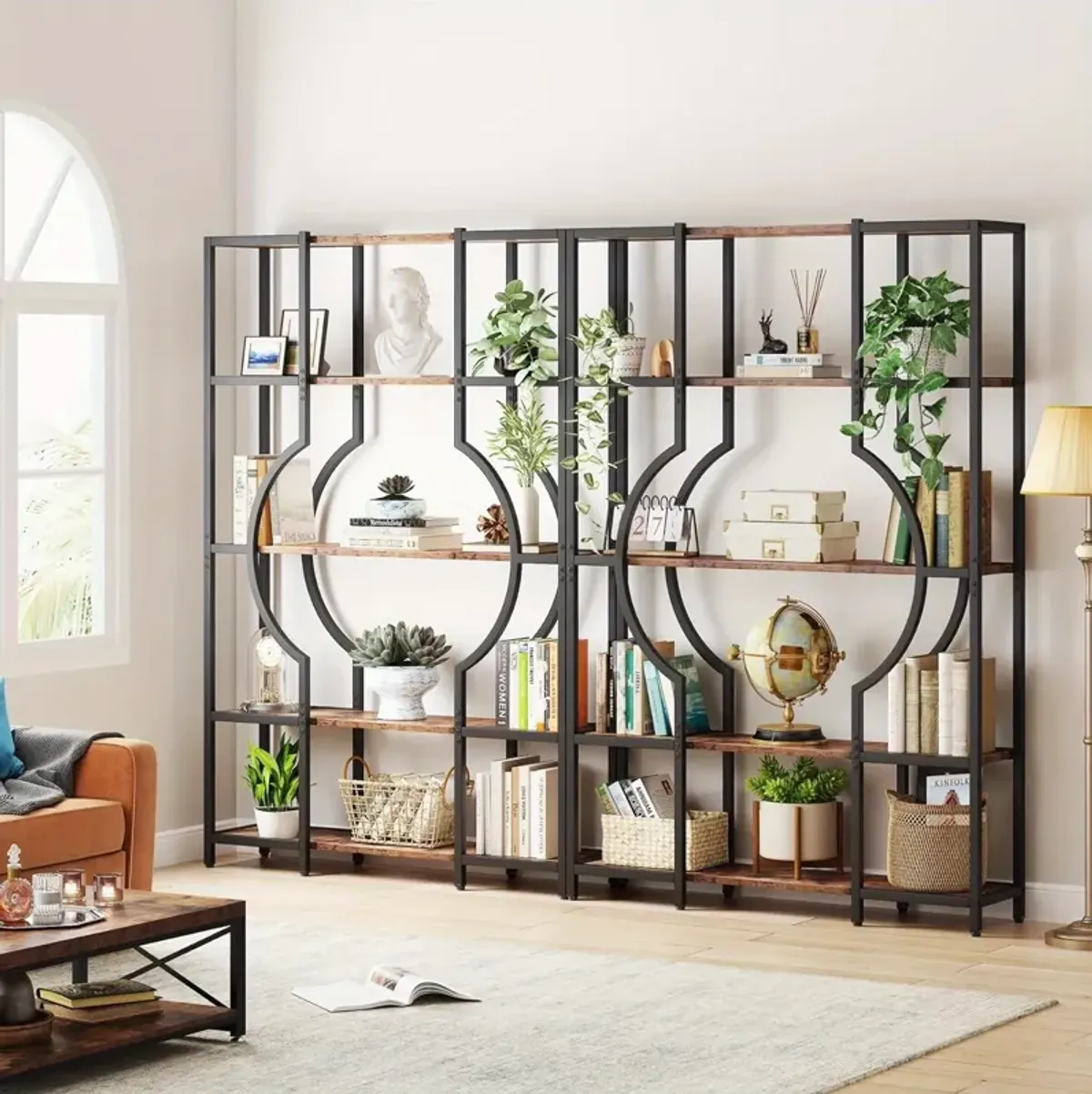 StorageShelves, 5-Tier Bookshelf and Bookcase, Vintage Tall Bookcase with 12 Open Display Shelves, Wooden Book Shelving Unit with Metal Frame for Home Office, Living Room, Bedroom, Ladder Racks, Storage and Organization