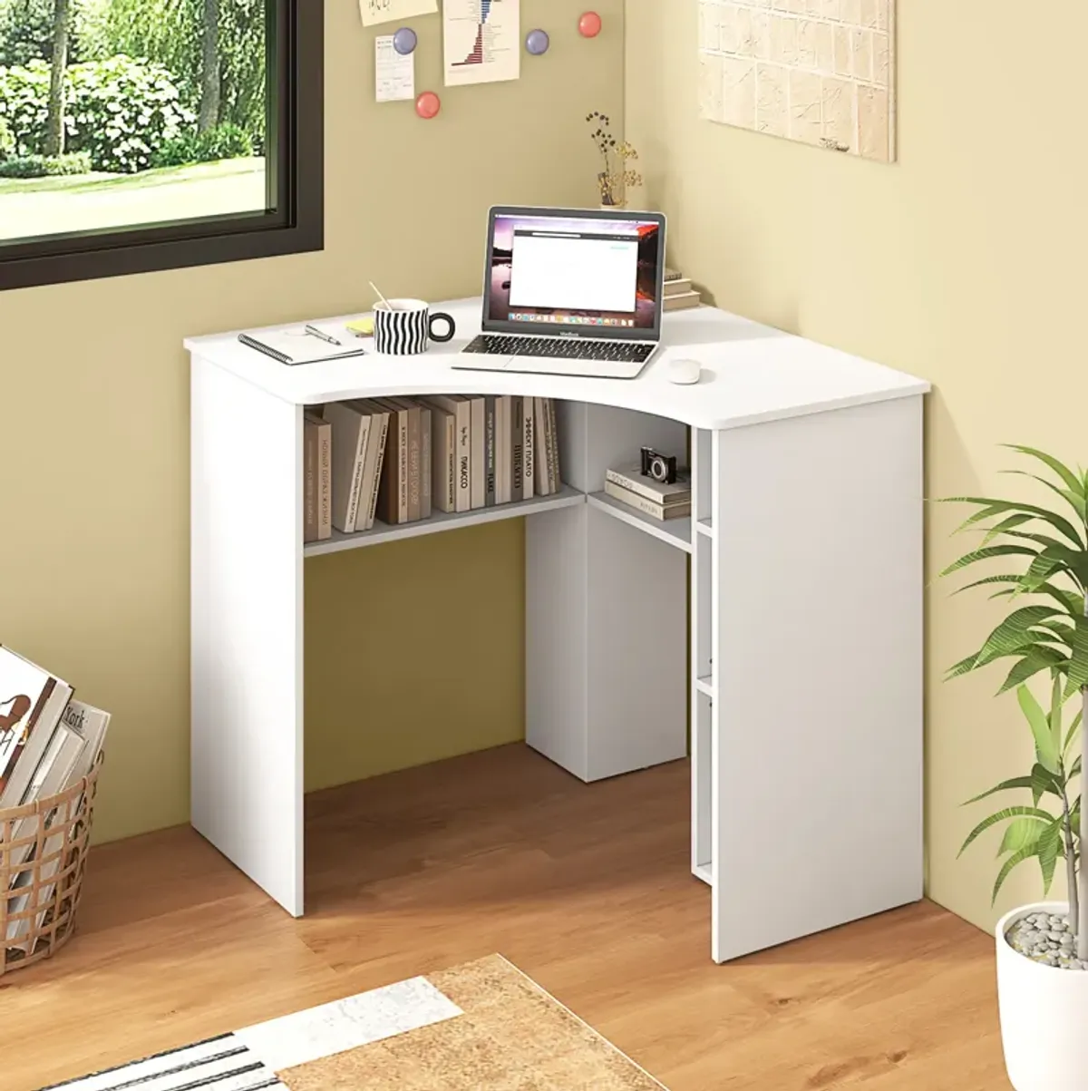 Corner Computer Desk with Triangle Shape, Adjustable Shelf, and Arc-Shaped Profile for Home Office