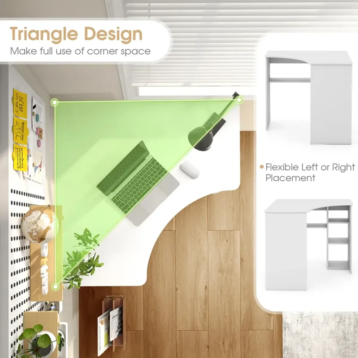 Corner Computer Desk with Triangle Shape, Adjustable Shelf, and Arc-Shaped Profile for Home Office