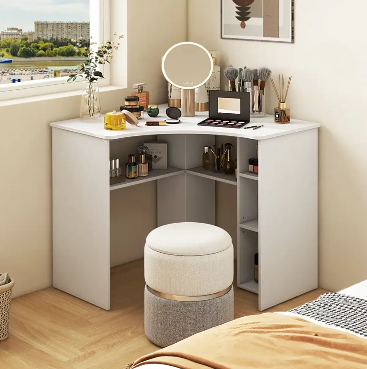 Corner Computer Desk with Triangle Shape, Adjustable Shelf, and Arc-Shaped Profile for Home Office