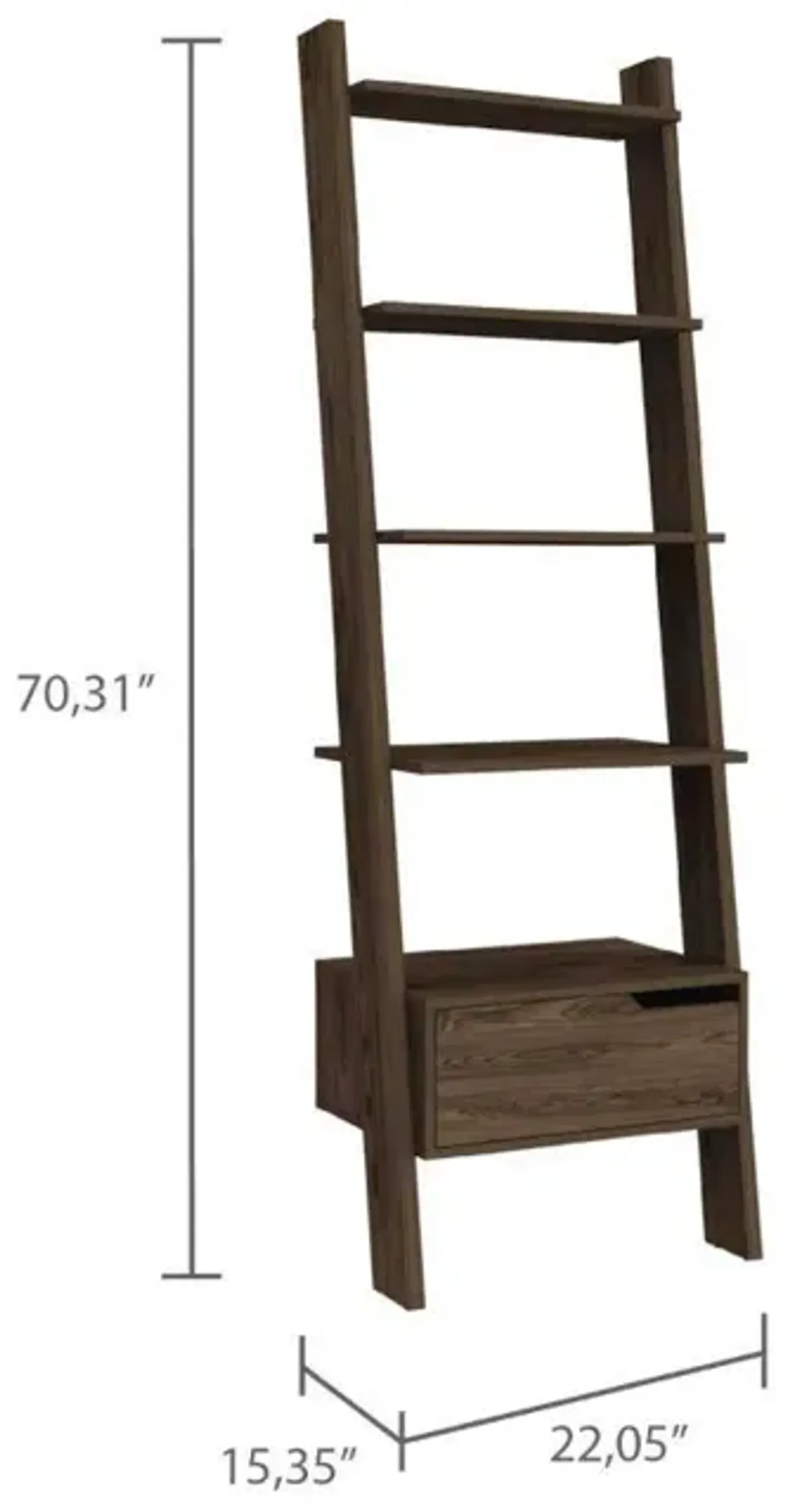 DEPOT E-SHOP Kobe Ladder Bookcase, One Drawer, Five Open Shelves, Four Legs- Dark Walnut, For Living Room