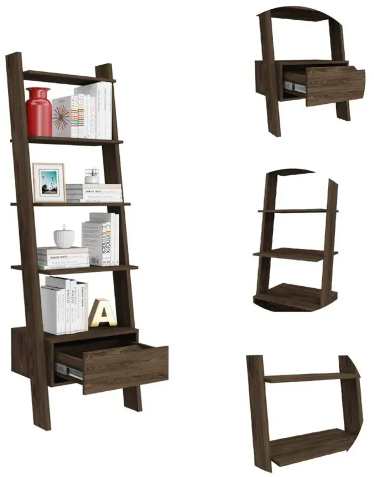 DEPOT E-SHOP Kobe Ladder Bookcase, One Drawer, Five Open Shelves, Four Legs- Dark Walnut, For Living Room