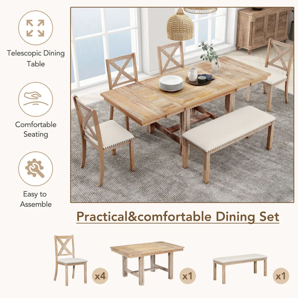 Merax 6-Piece Extendable Dining Table  Chair Bench Set