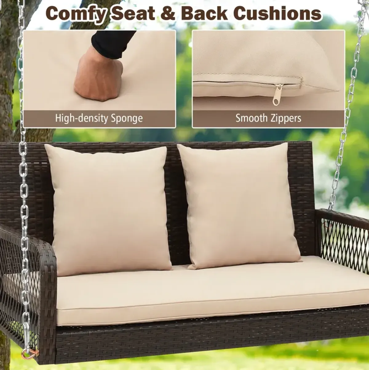 2-Person Outdoor Wicker Porch Swing with Seat and Back Cushions