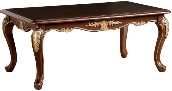 Saili Coffee Table, Gold Carvings, 48 Inch, Cabriole, Tobacco Brown Wood