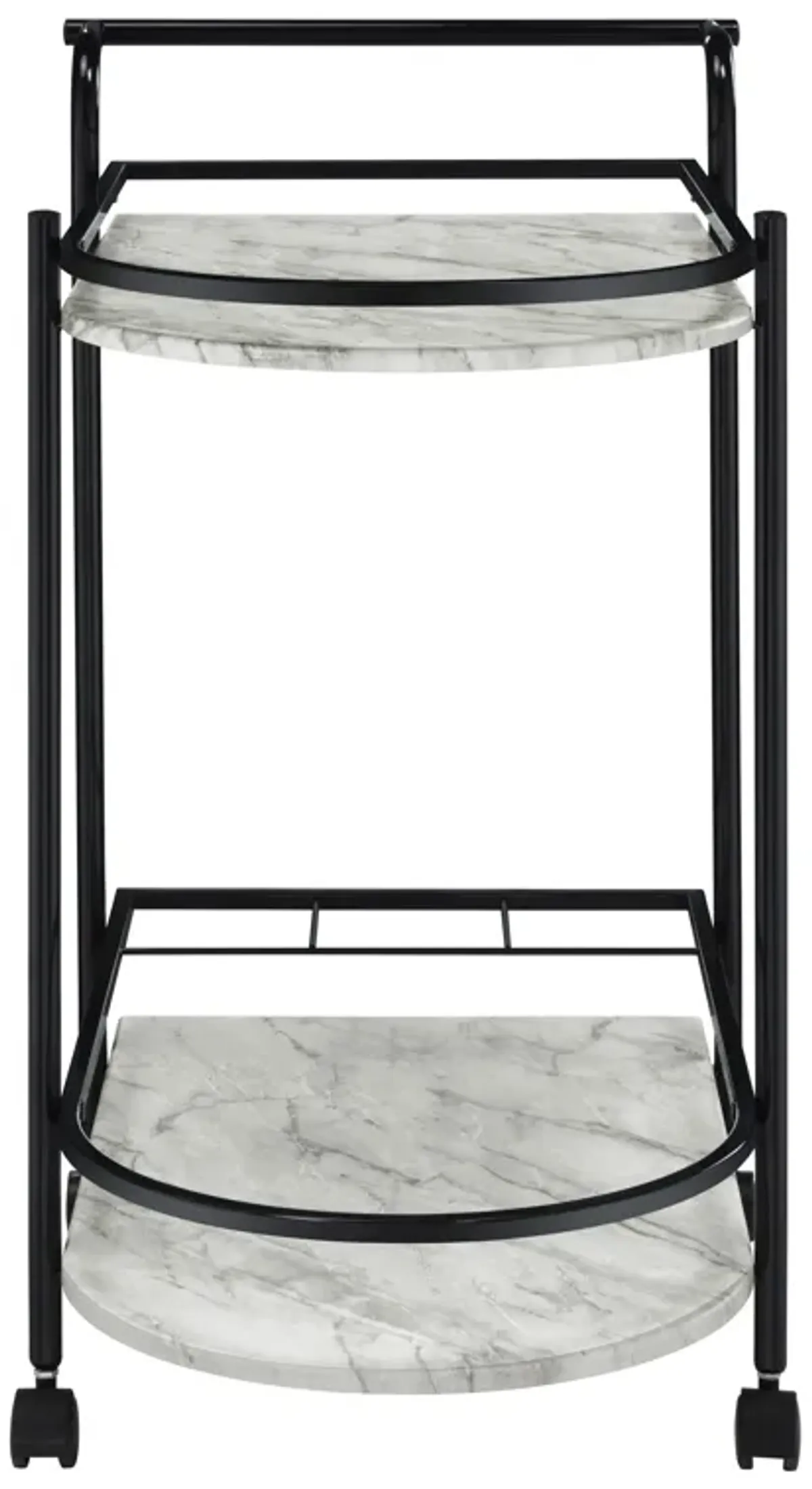 Rhea 32 Inch Bar Cart Trolley, U Shaped Tray, Faux Marble Shelves, Black-Benzara