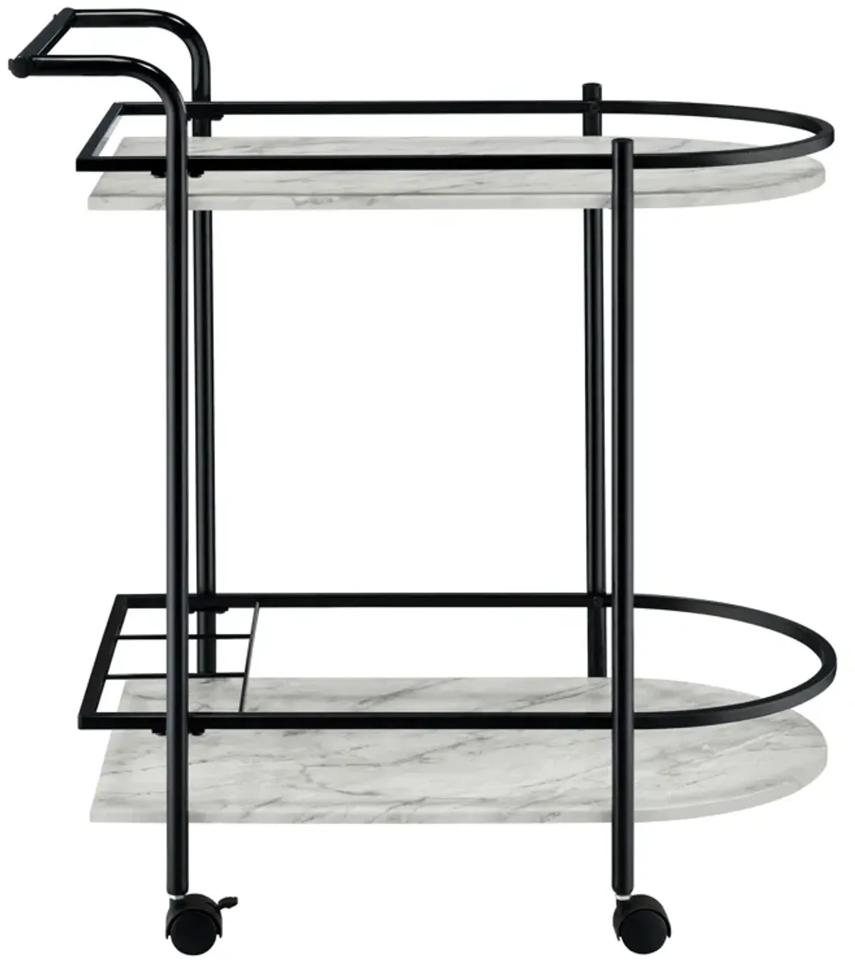 Rhea 32 Inch Bar Cart Trolley, U Shaped Tray, Faux Marble Shelves, Black-Benzara