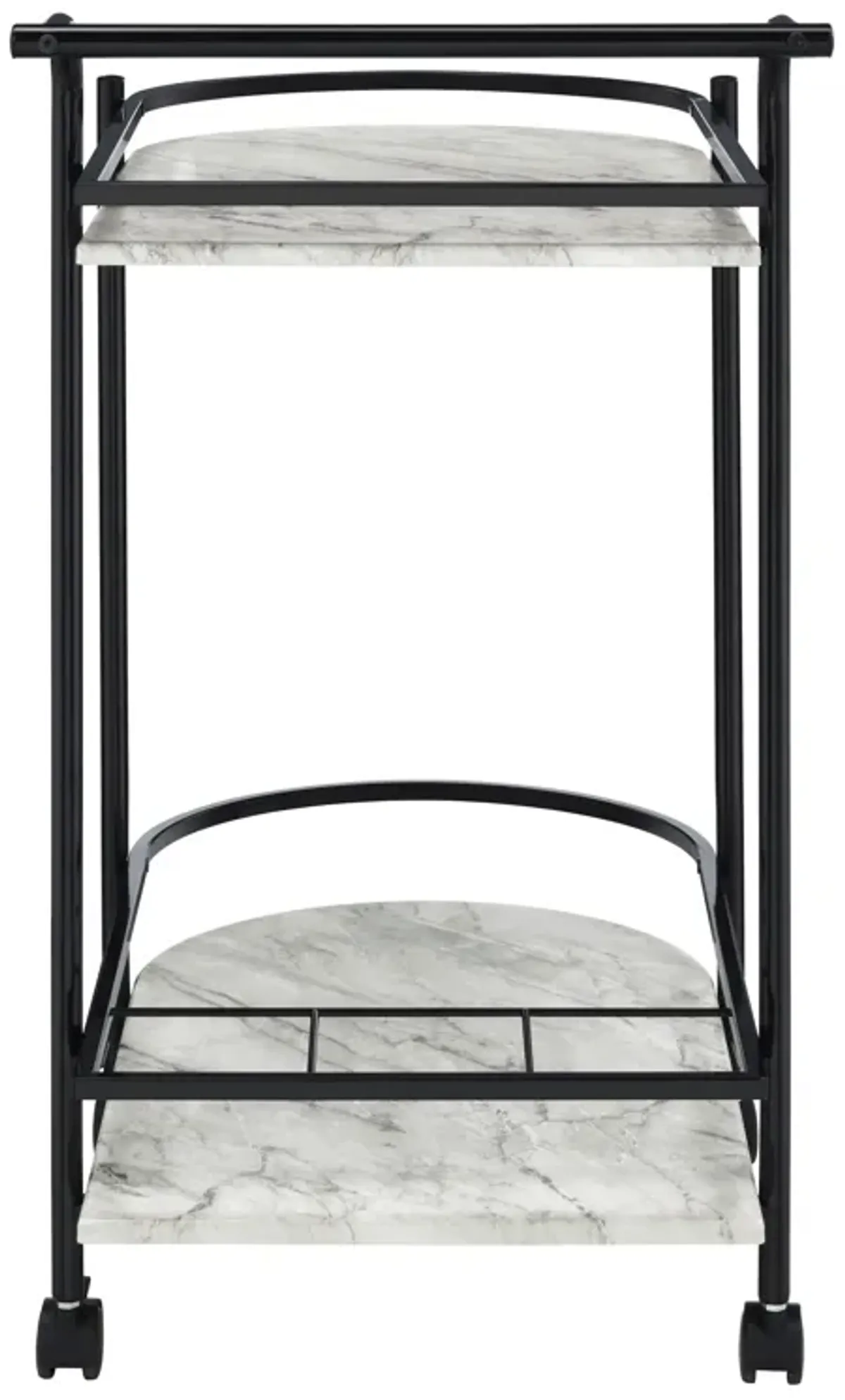 Rhea 32 Inch Bar Cart Trolley, U Shaped Tray, Faux Marble Shelves, Black-Benzara