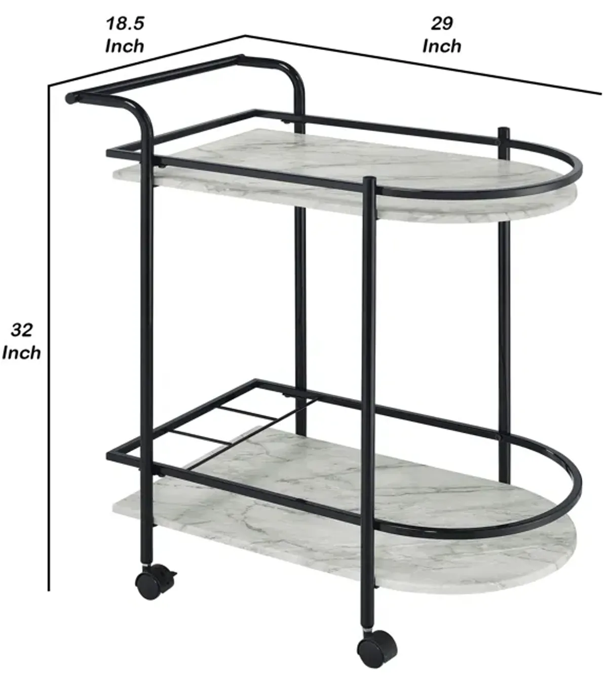 Rhea 32 Inch Bar Cart Trolley, U Shaped Tray, Faux Marble Shelves, Black-Benzara