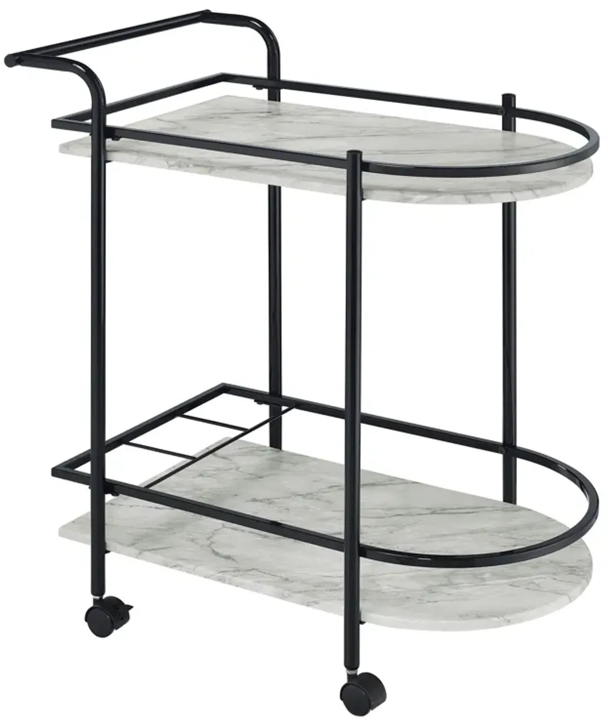 Rhea 32 Inch Bar Cart Trolley, U Shaped Tray, Faux Marble Shelves, Black-Benzara