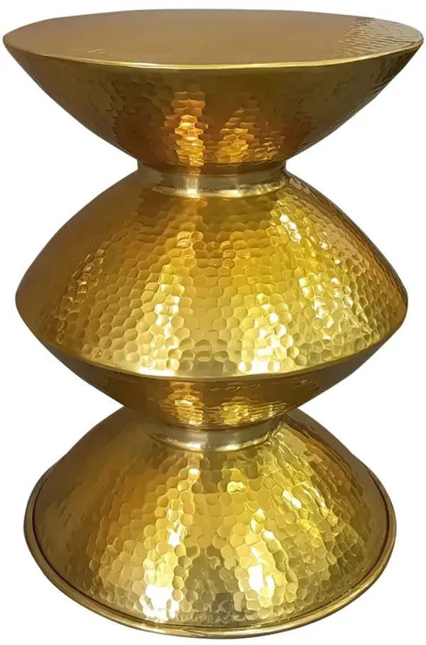 21 Inch Round Aluminum Side End Table, Hammered Embossed Metal Surface, Turned Pedestal Base, Gold Brass Finish-Benzara