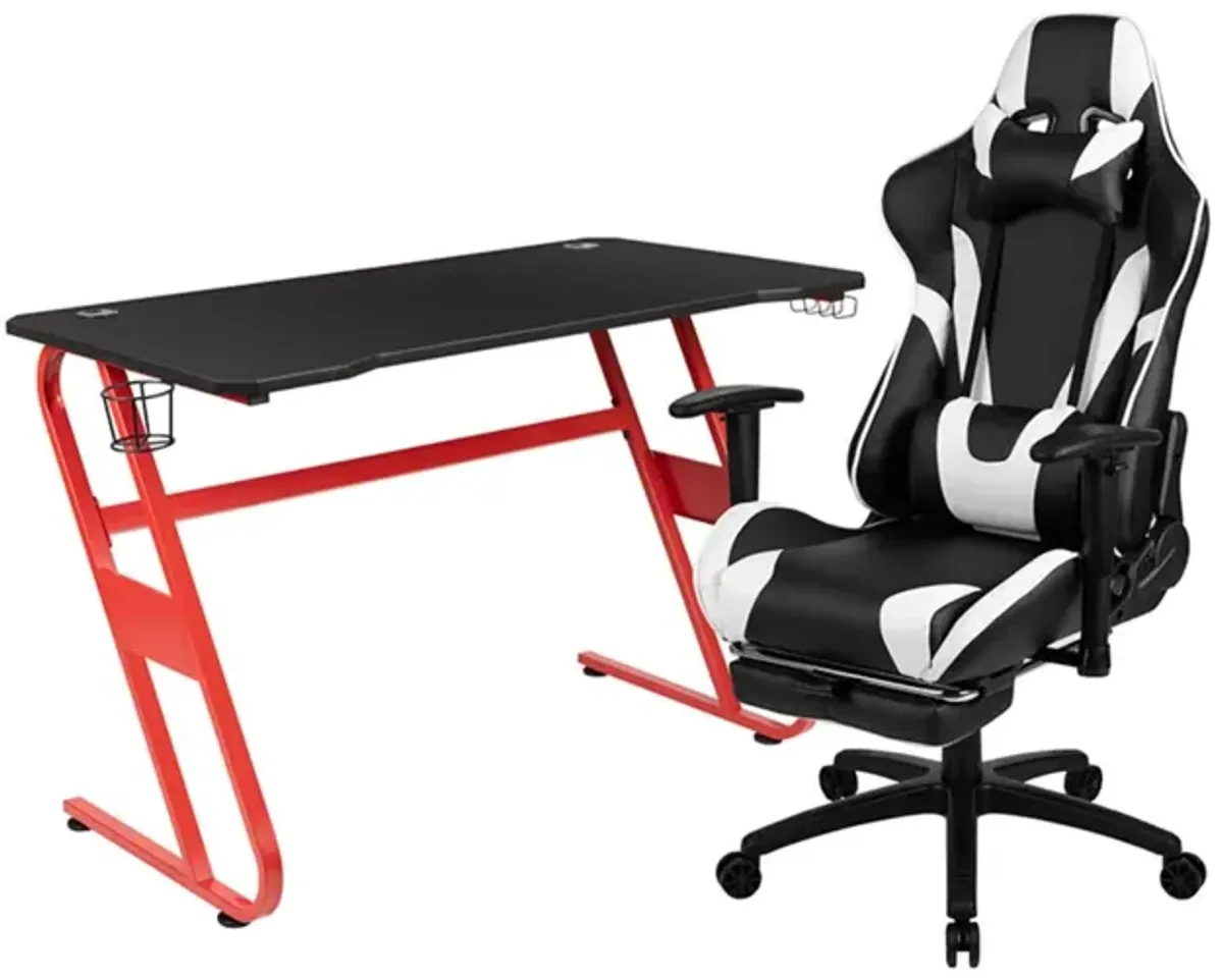 Flash Furniture Red Gaming Desk and Black Footrest Reclining Gaming Chair Set with Cup Holder and Headphone Hook