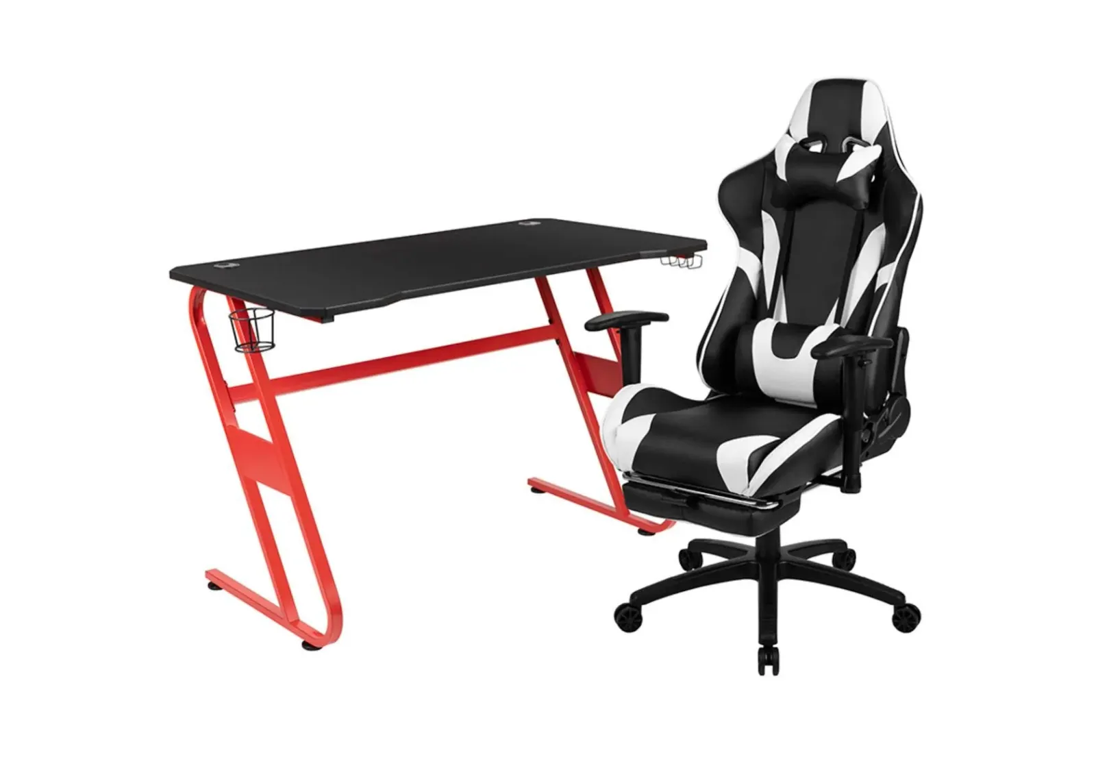 Flash Furniture Red Gaming Desk and Black Footrest Reclining Gaming Chair Set with Cup Holder and Headphone Hook