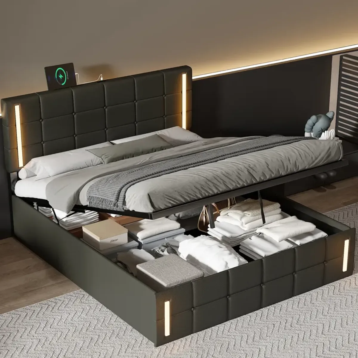 Storage Bed Frame Upholstered Platform Bed with LED Lights