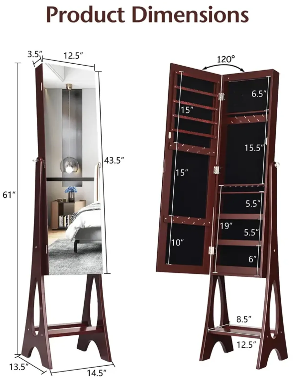 LED Jewelry Cabinet Armoire Organizer with Bevel Edge Mirror