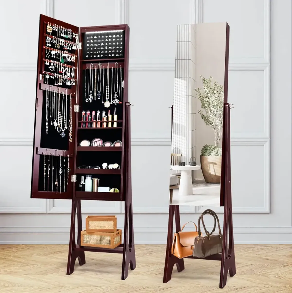 LED Jewelry Cabinet Armoire Organizer with Bevel Edge Mirror