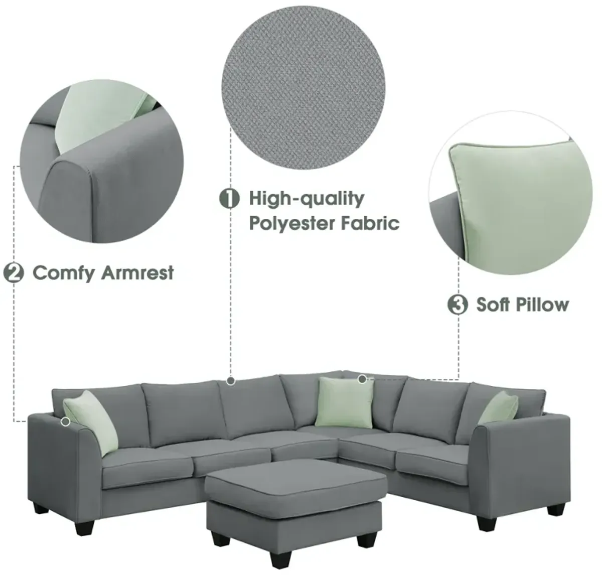 7-Seat L-Shaped Modular Sectional Sofa Set, Grey