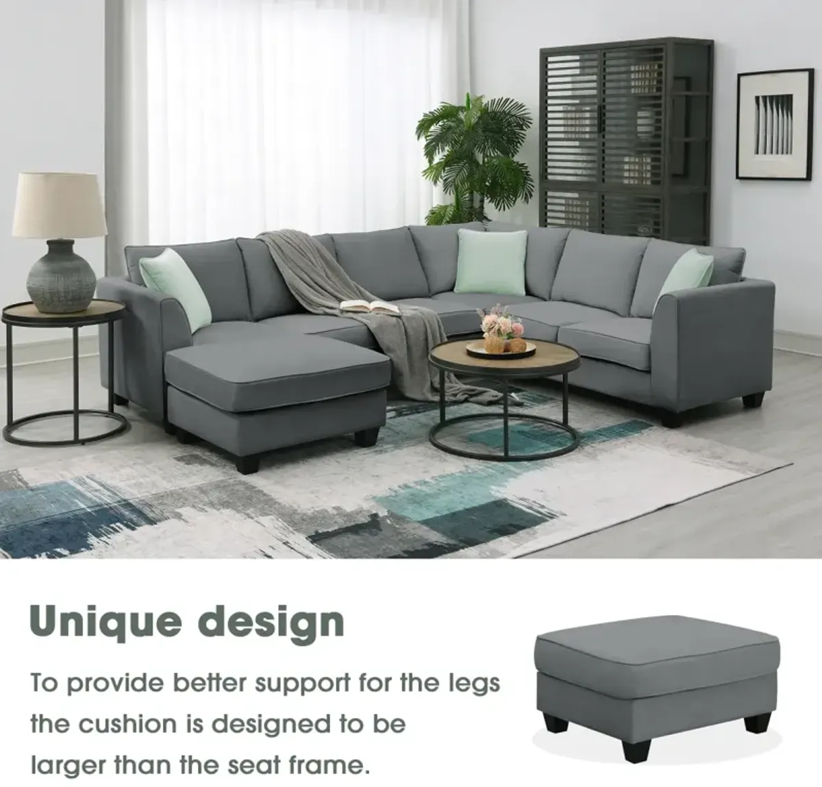 7-Seat L-Shaped Modular Sectional Sofa Set, Grey