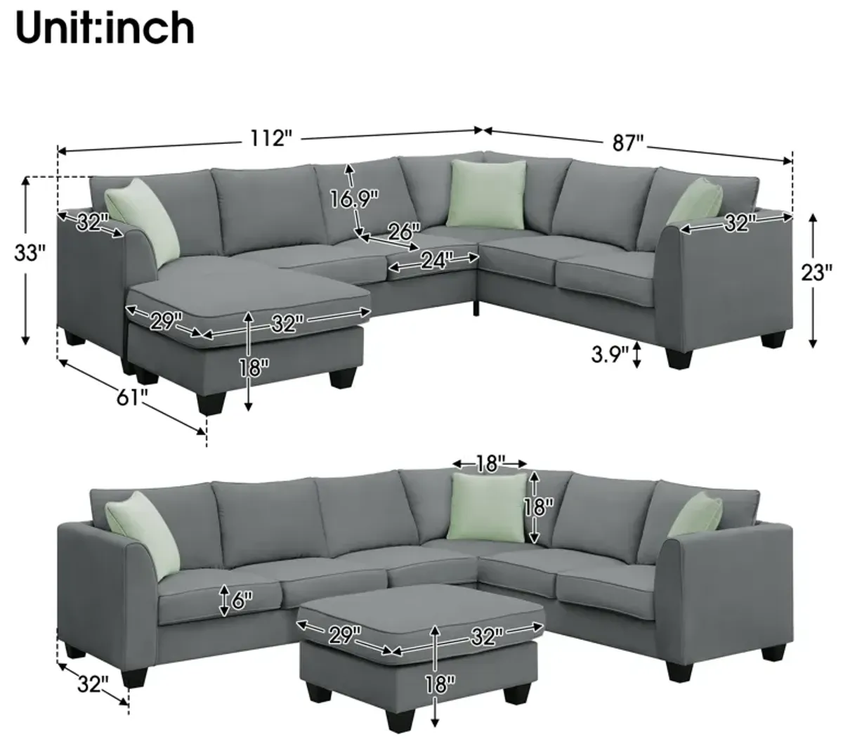 7-Seat L-Shaped Modular Sectional Sofa Set, Grey