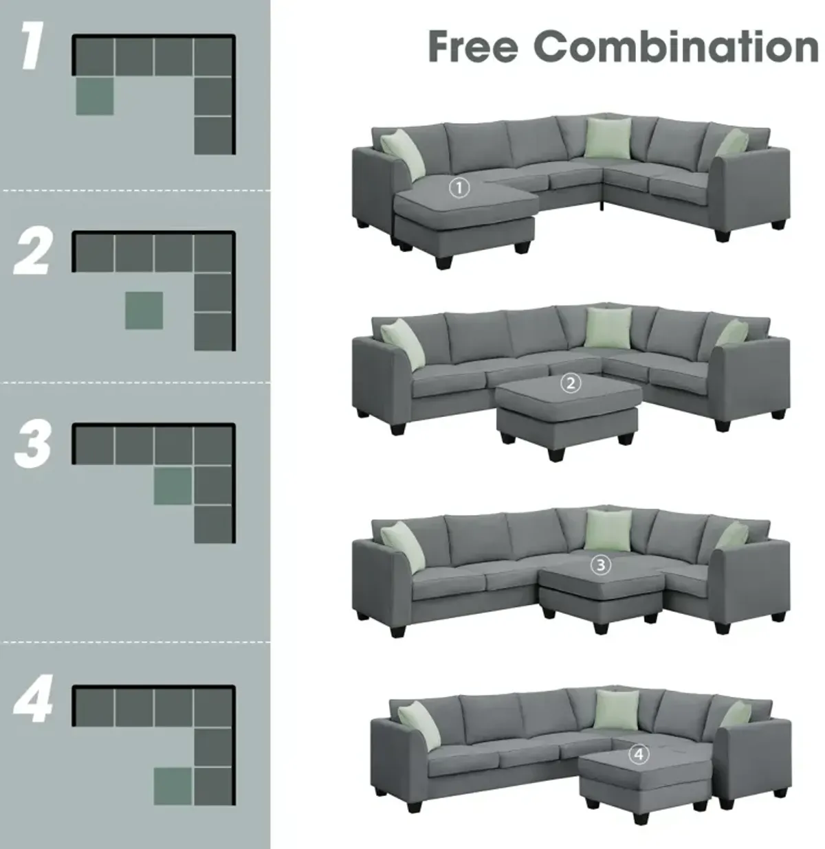 7-Seat L-Shaped Modular Sectional Sofa Set, Grey