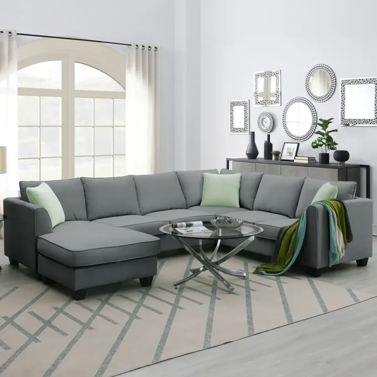 7-Seat L-Shaped Modular Sectional Sofa Set, Grey