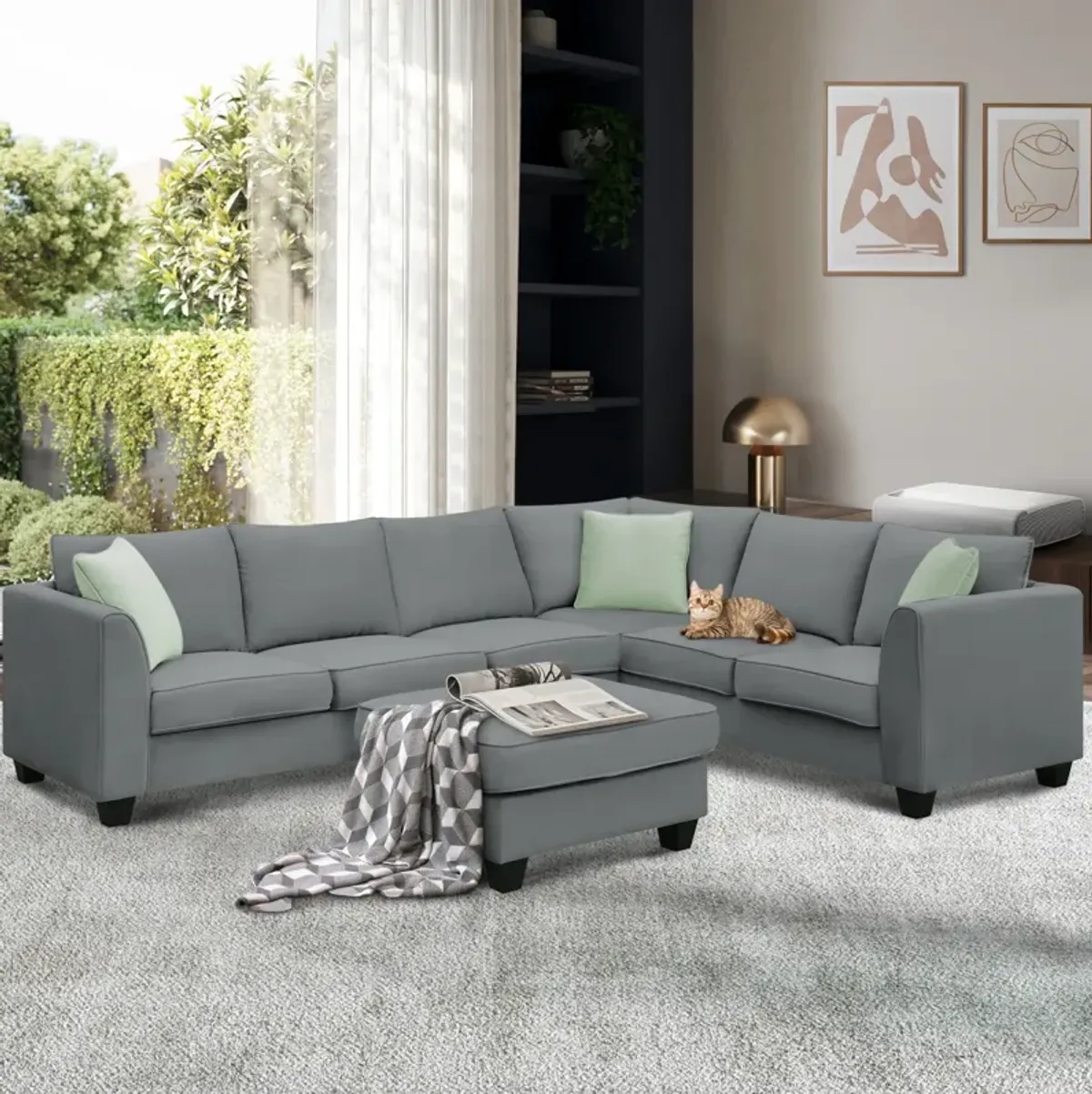 7-Seat L-Shaped Modular Sectional Sofa Set, Grey