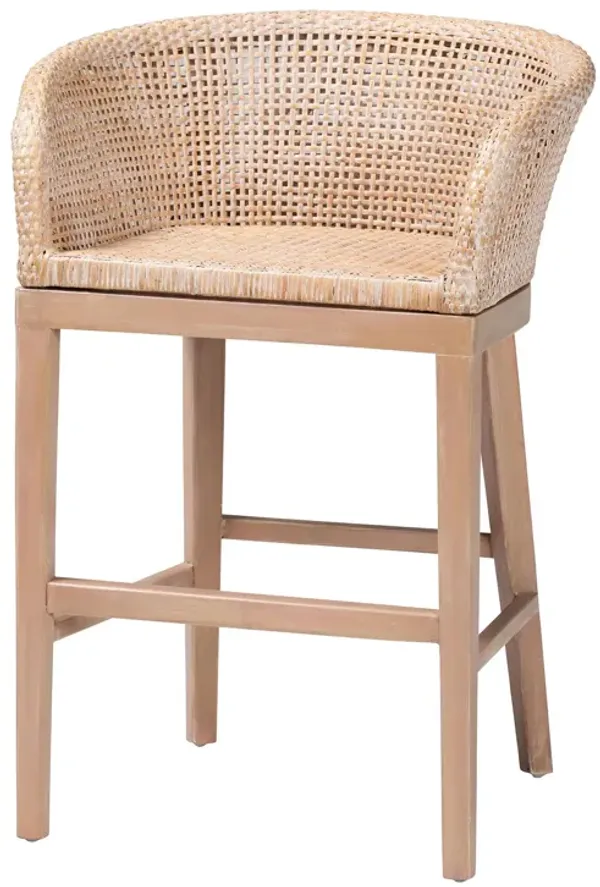 bali & pari Papua Modern Bohemian Antique White Washed Rattan and Mahogany Wood Counter Stool