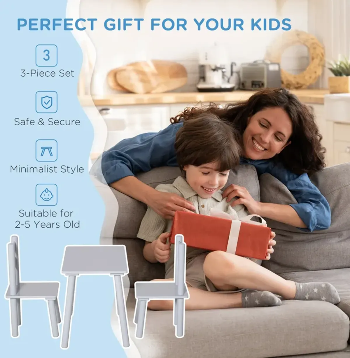 Gray Kids' Activity Set: Wooden Table and Chair for Ages 2-5