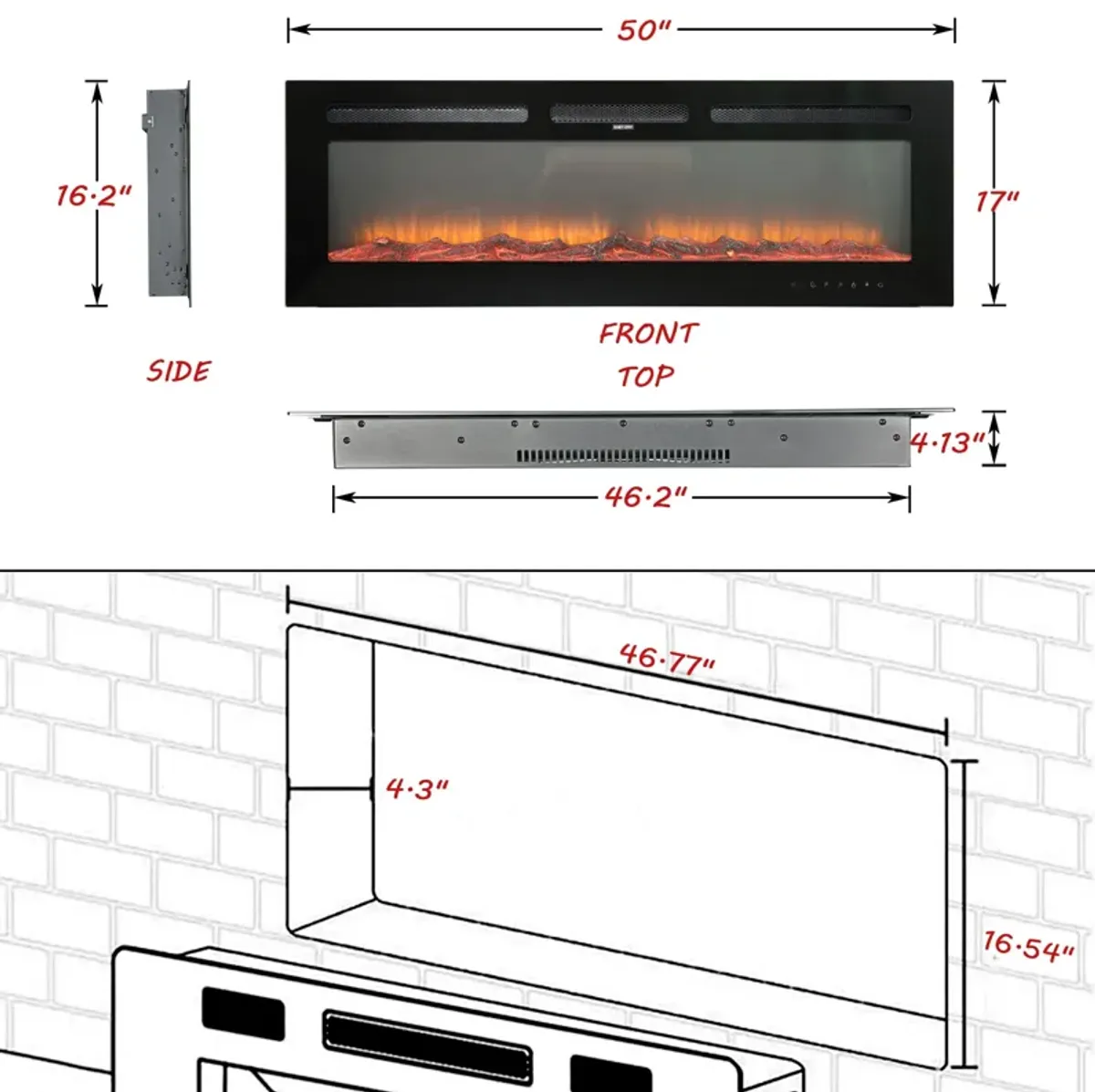 Black 50 in. Wall-Mounted Electric Fireplace with Logs & Crystals, Remote 1500/750W