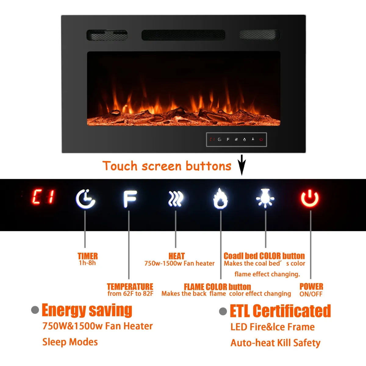 Black 50 in. Wall-Mounted Electric Fireplace with Logs & Crystals, Remote 1500/750W