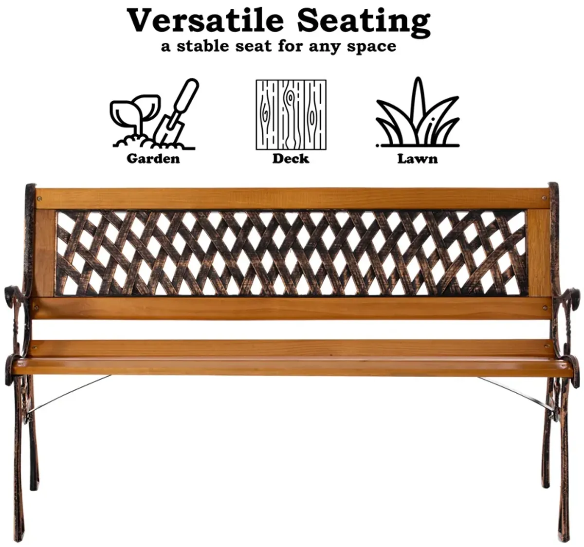 Outdoor Classical Wooden Slated Park Bench, Steel frame Seating Bench for Yard, Patio, Garden, Balcony, and Deck