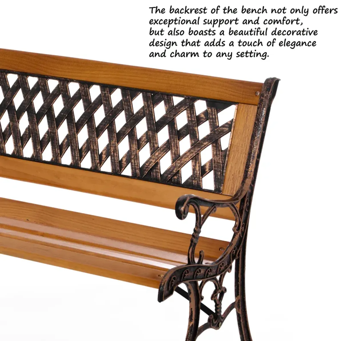 Outdoor Classical Wooden Slated Park Bench, Steel frame Seating Bench for Yard, Patio, Garden, Balcony, and Deck