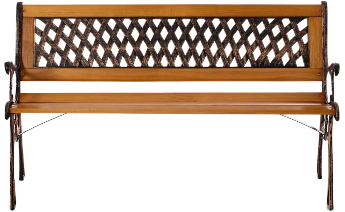 Outdoor Classical Wooden Slated Park Bench, Steel frame Seating Bench for Yard, Patio, Garden, Balcony, and Deck