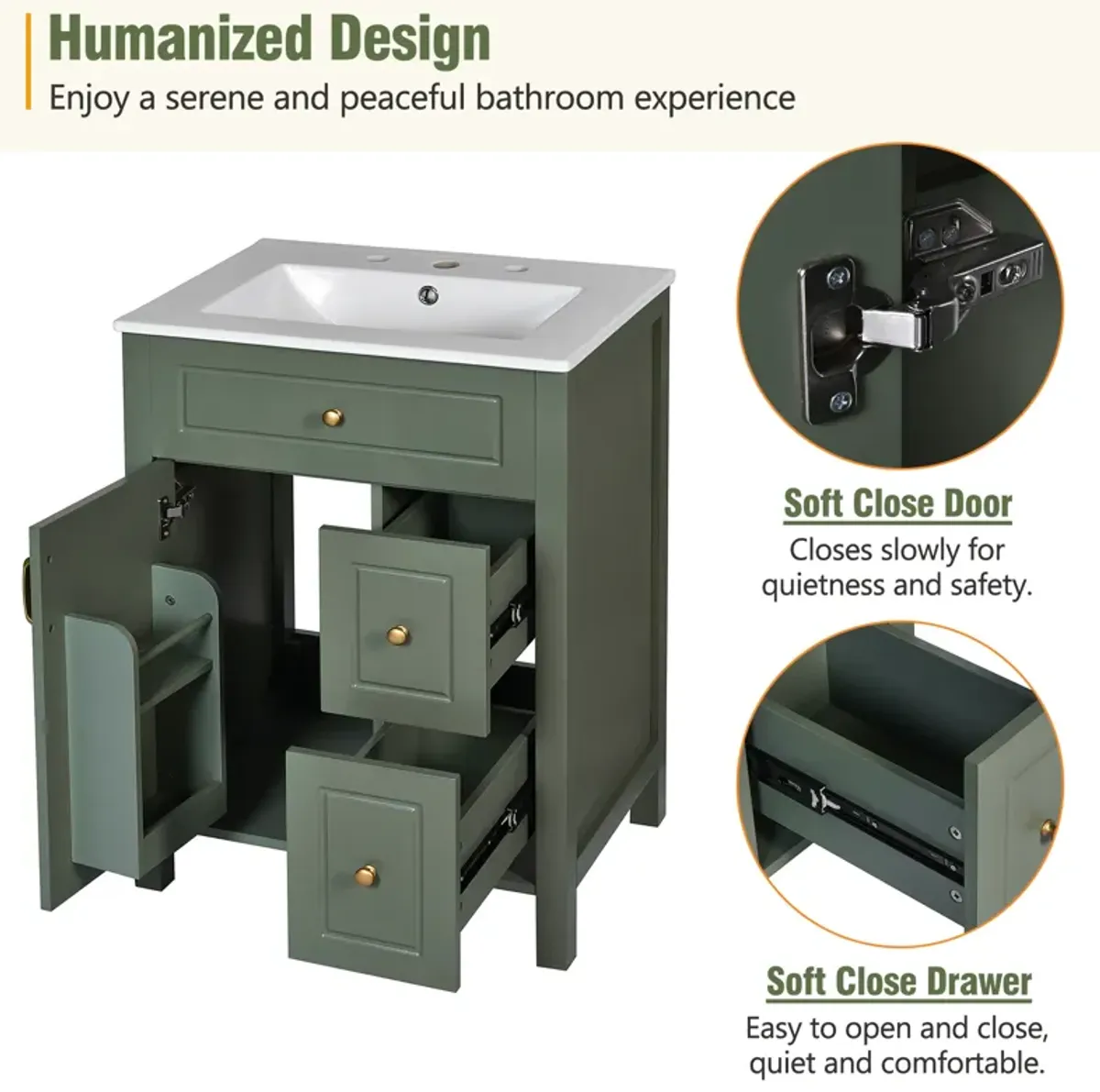 Gewnee 24-Inch Bathroom Vanity with Ceramic Sink, 1 Soft Close Door, 2 Soft Close Drawers, and Double Storage Racks on the Door