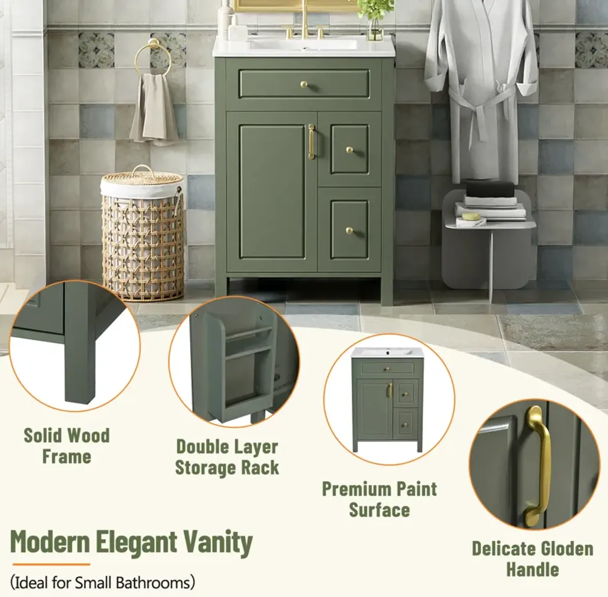 Gewnee 24-Inch Bathroom Vanity with Ceramic Sink, 1 Soft Close Door, 2 Soft Close Drawers, and Double Storage Racks on the Door