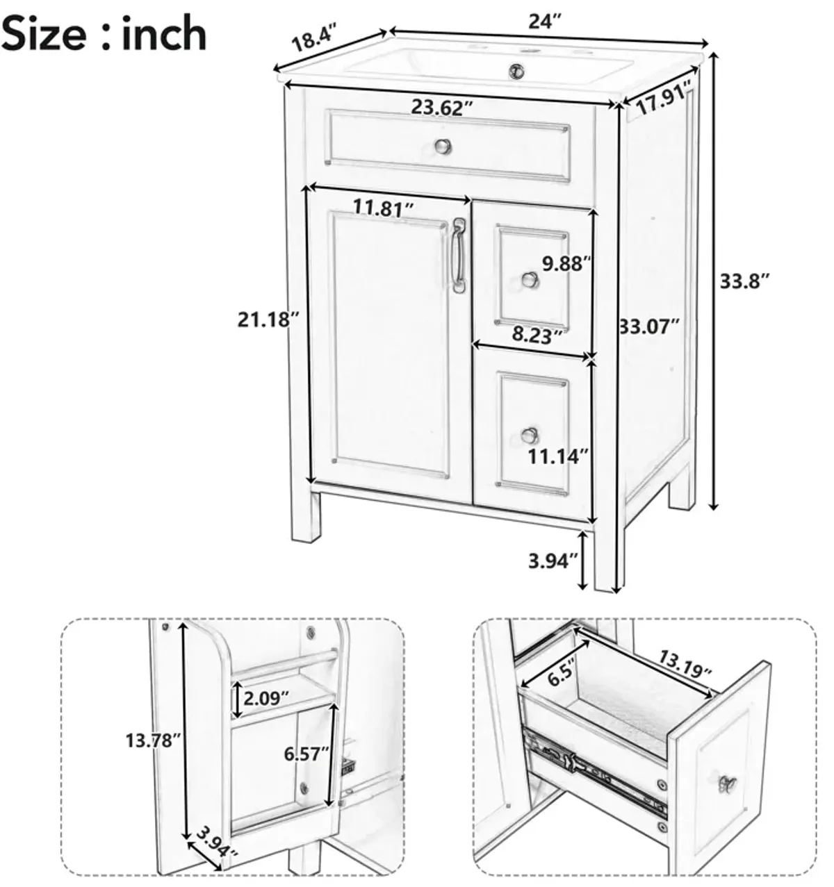 Gewnee 24-Inch Bathroom Vanity with Ceramic Sink, 1 Soft Close Door, 2 Soft Close Drawers, and Double Storage Racks on the Door