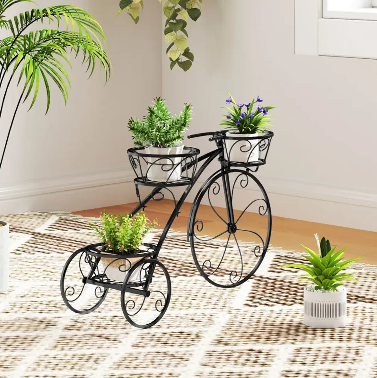 Tricycle Plant Stand Flower Pot Cart Holder with 3 Hollowed Baskets